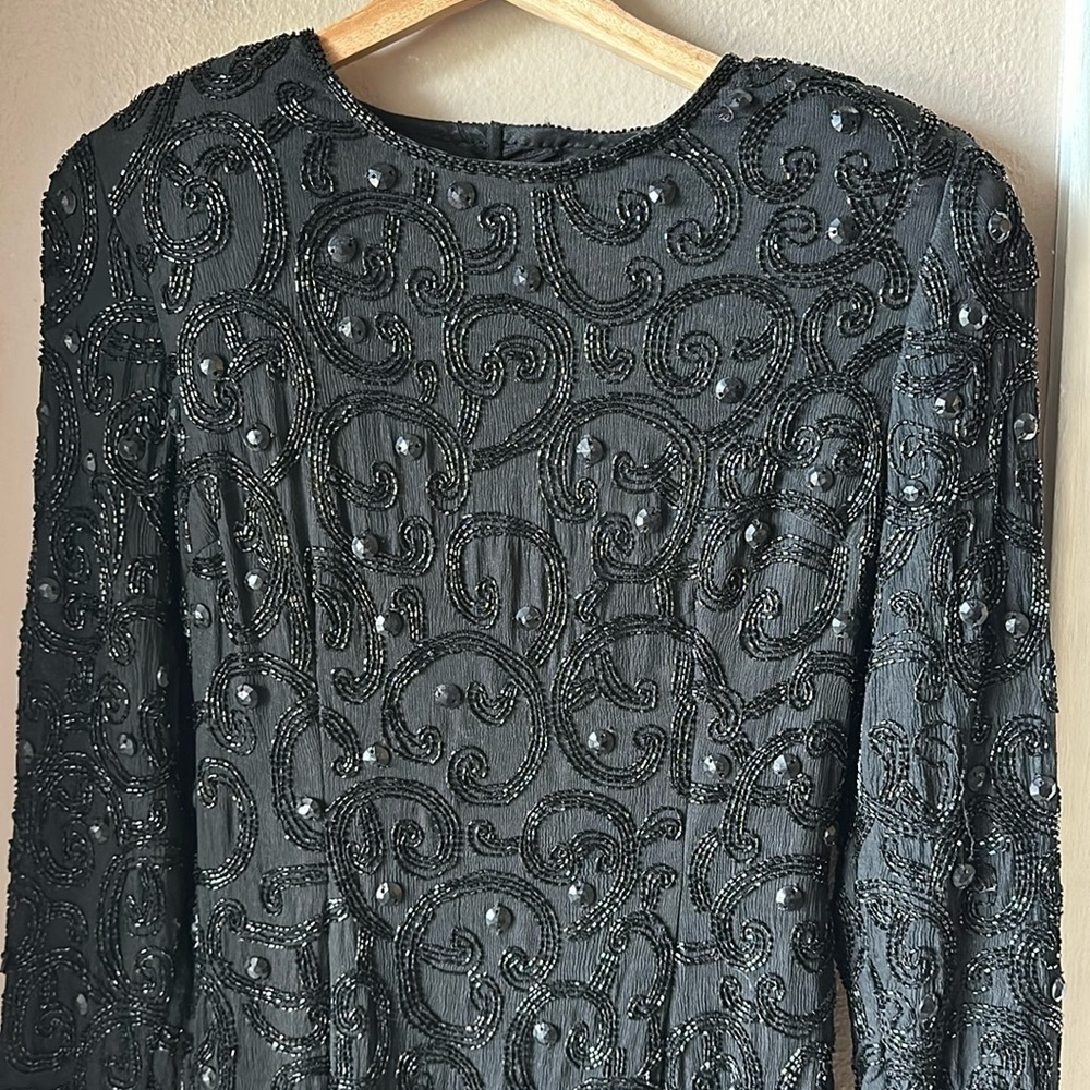 Vintage JOAN LESLIE Beaded Open Back Long Sleeve Dress